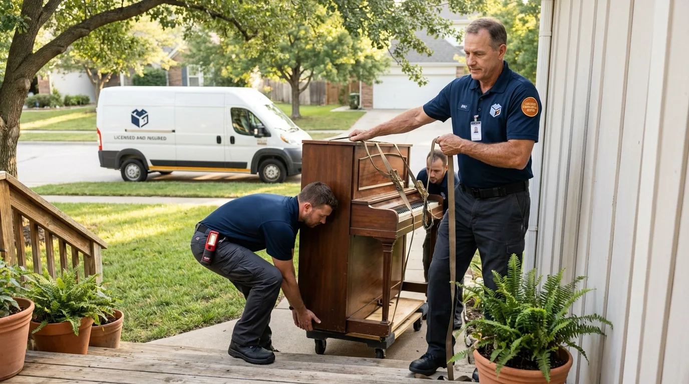 Licensed piano movers securing grand piano in Windsor, WI